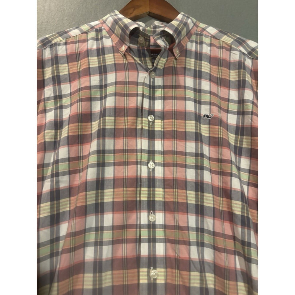 Vineyard Vines Men's Large Plaid Whale Shirt Pink Blue Long Sleeve Button Down
